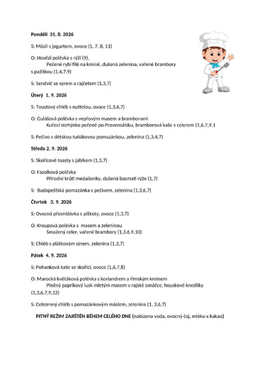 Jídelníček 31.8.26 - 4.9.26